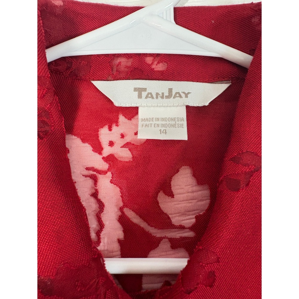 Tanjay Red Burnout Floral Button Front Blouse 3/4 Sleeve Size 14 WC0064 - Picture 2 of 5